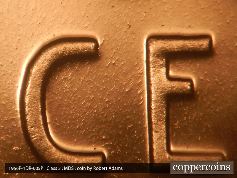 Die-stage B marker on 1956P•1DR•005P (1956 Doubled Die Reverse).
