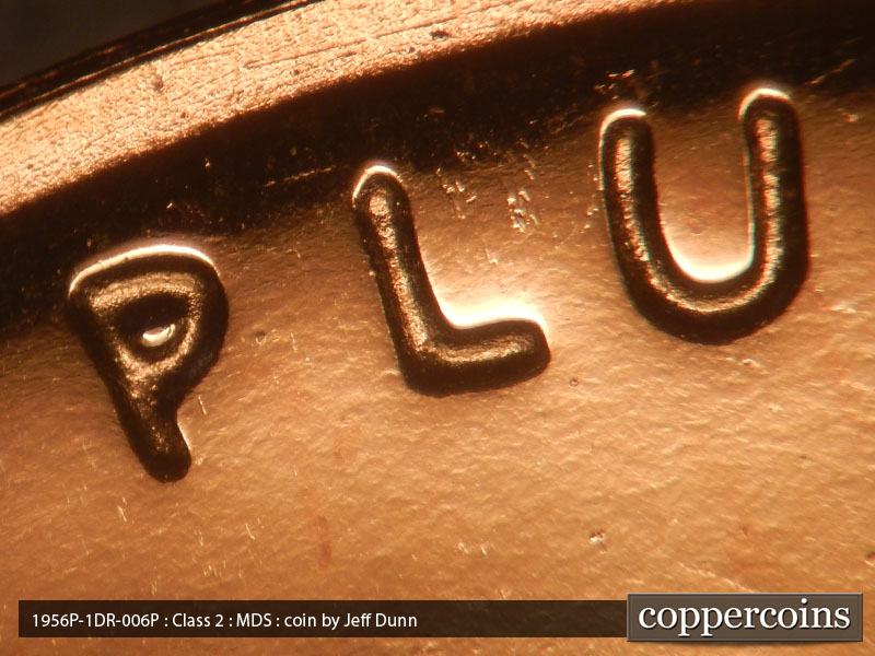 Die-stage B marker on 1956P•1DR•006P (1956 Doubled Die Reverse).