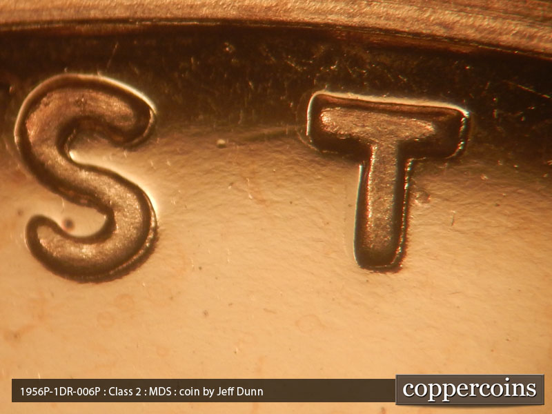 Die-stage B marker on 1956P•1DR•006P (1956 Doubled Die Reverse).