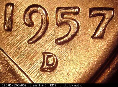 Die-stage A marker on 1957D•1DO•002 (1957 Doubled Die Obverse).