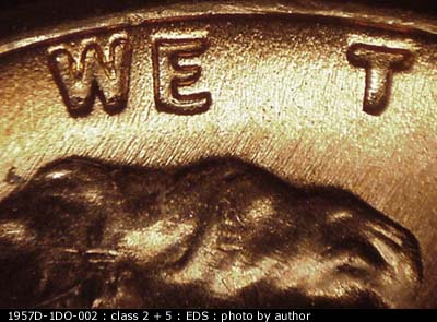 Die-stage A marker on 1957D•1DO•002 (1957 Doubled Die Obverse).