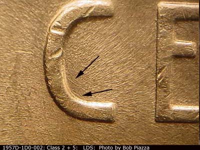 Die-stage C marker on 1957D•1DO•002 (1957 Doubled Die Obverse).