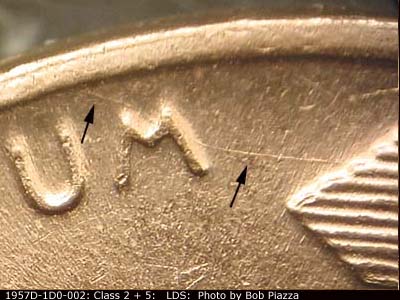 Die-stage C marker on 1957D•1DO•002 (1957 Doubled Die Obverse).