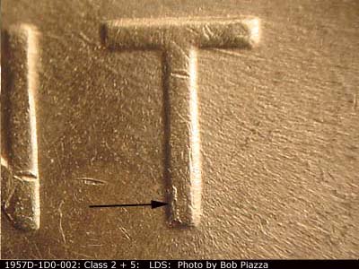 Die-stage C marker on 1957D•1DO•002 (1957 Doubled Die Obverse).