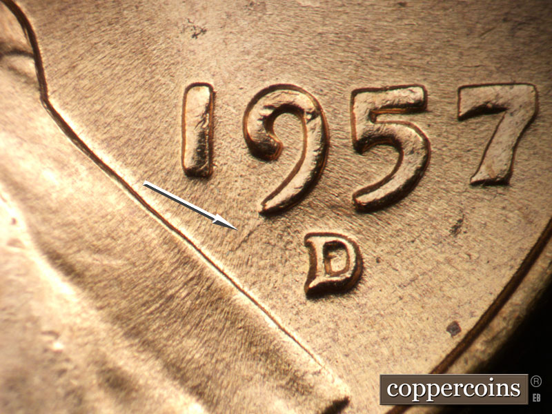 Die-stage B marker on 1957D•1DO•005 (1957 Doubled Die Obverse).