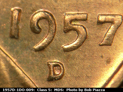 1957 Lincoln cent obverse, CopperCoins die 1957D•1DO•009.