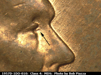 1957 Lincoln cent obverse, CopperCoins die 1957D•1DO•010.