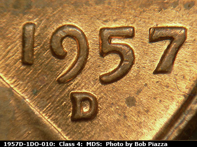 Die-stage B marker on 1957D•1DO•010 (1957 Doubled Die Obverse).