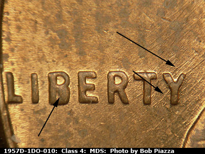 Die-stage B marker on 1957D•1DO•010 (1957 Doubled Die Obverse).
