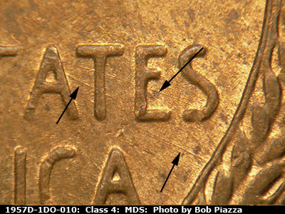 Die-stage B marker on 1957D•1DO•010 (1957 Doubled Die Obverse).