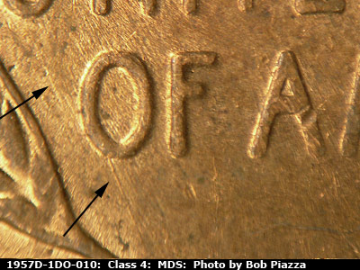 Die-stage B marker on 1957D•1DO•010 (1957 Doubled Die Obverse).