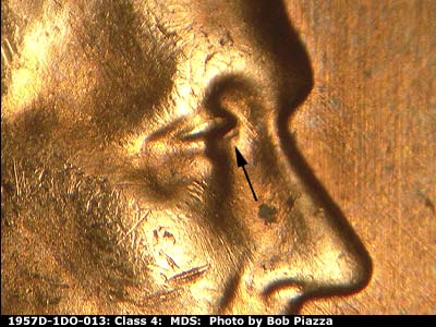 1957 Lincoln cent obverse, CopperCoins die 1957D•1DO•013.