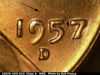 Die-stage B marker on 1957D•1DO•013 (1957 Doubled Die Obverse).