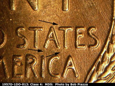 Die-stage B marker on 1957D•1DO•013 (1957 Doubled Die Obverse).