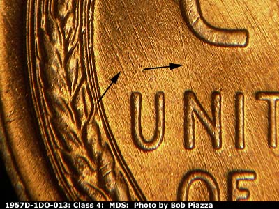 Die-stage B marker on 1957D•1DO•013 (1957 Doubled Die Obverse).