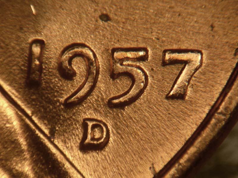 1957 Lincoln cent obverse, CopperCoins die 1957D•1DO•014.