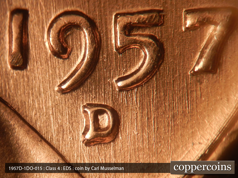 Die-stage A marker on 1957D•1DO•015 (1957 Doubled Die Obverse).