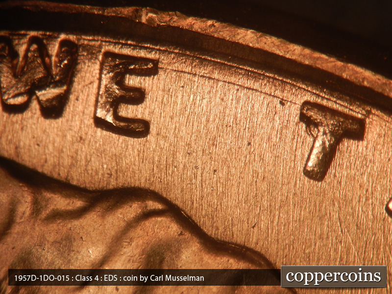 Die-stage A marker on 1957D•1DO•015 (1957 Doubled Die Obverse).