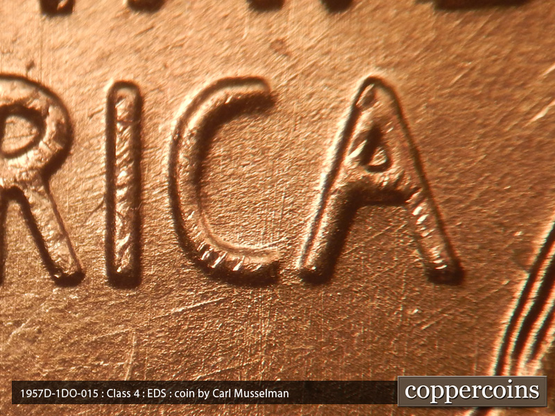 Die-stage A marker on 1957D•1DO•015 (1957 Doubled Die Obverse).