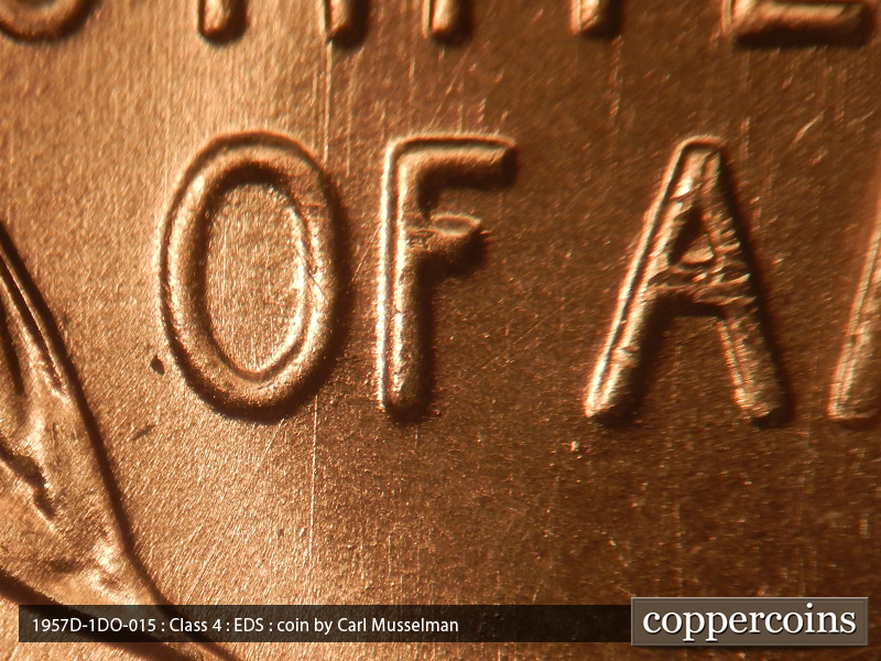 Die-stage A marker on 1957D•1DO•015 (1957 Doubled Die Obverse).
