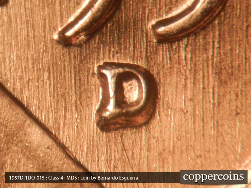 Die-stage B marker on 1957D•1DO•015 (1957 Doubled Die Obverse).