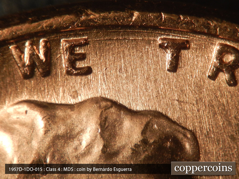Die-stage B marker on 1957D•1DO•015 (1957 Doubled Die Obverse).