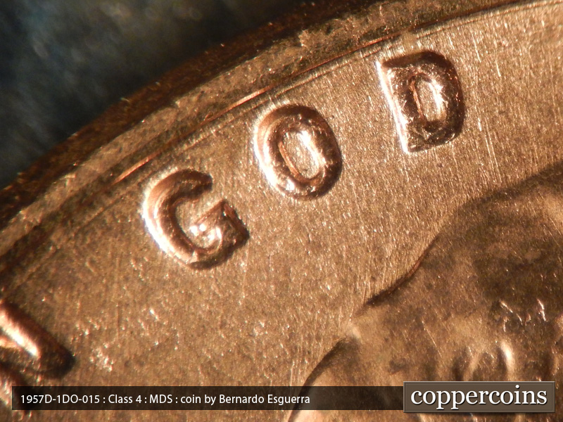Die-stage B marker on 1957D•1DO•015 (1957 Doubled Die Obverse).