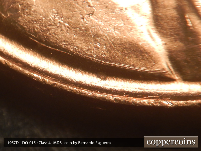 Die-stage B marker on 1957D•1DO•015 (1957 Doubled Die Obverse).