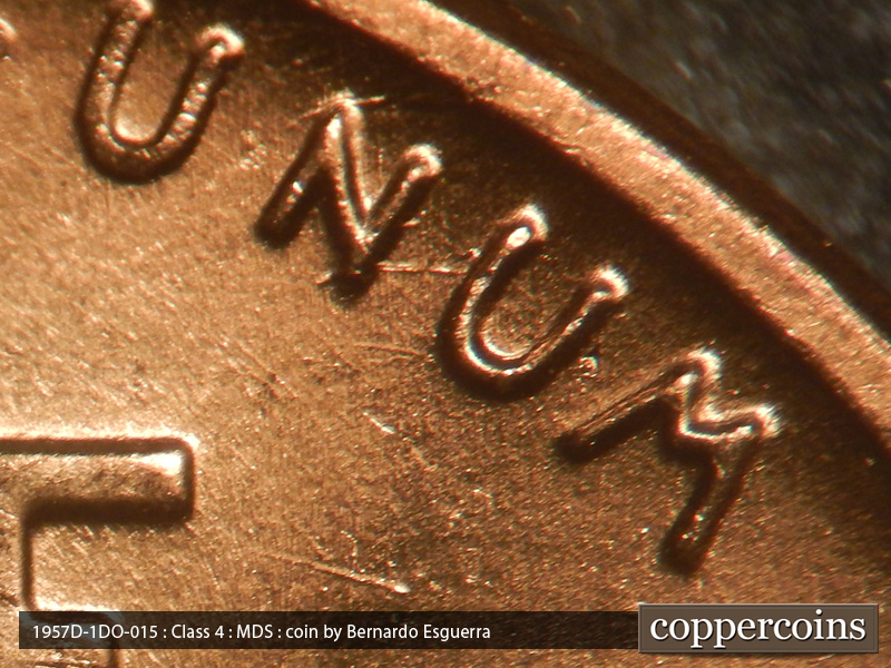 Die-stage B marker on 1957D•1DO•015 (1957 Doubled Die Obverse).