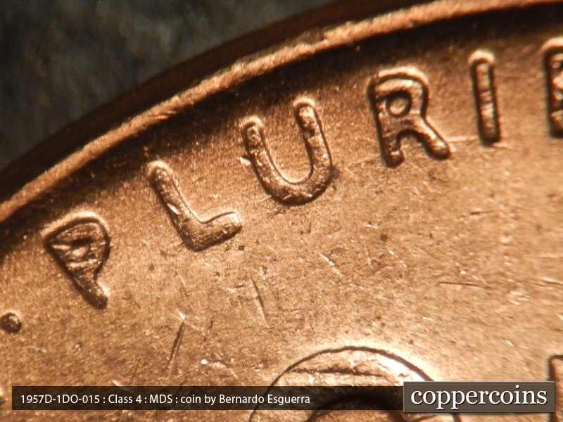 Die-stage B marker on 1957D•1DO•015 (1957 Doubled Die Obverse).