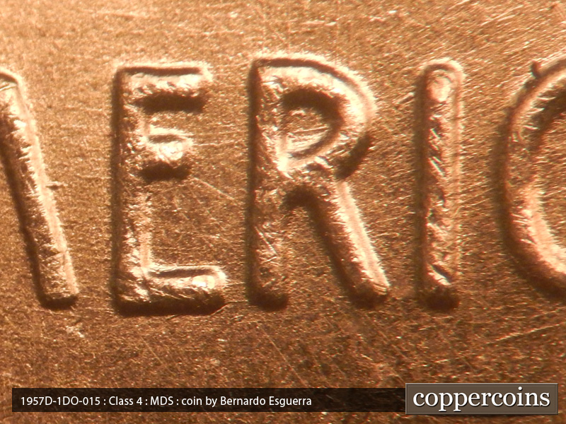 Die-stage B marker on 1957D•1DO•015 (1957 Doubled Die Obverse).