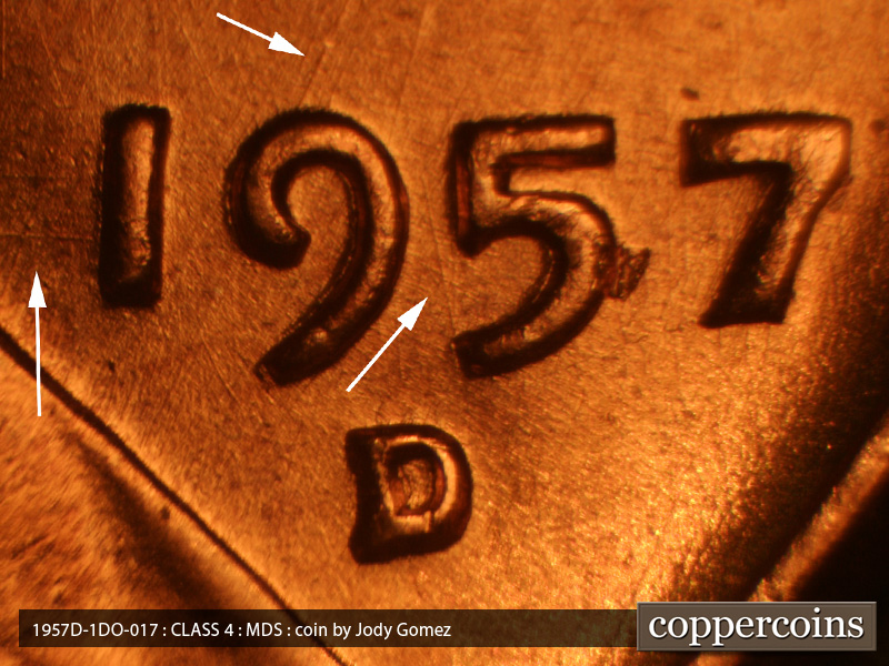 Die-stage B marker on 1957D•1DO•017 (1957 Doubled Die Obverse).