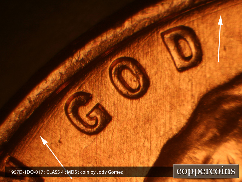 Die-stage B marker on 1957D•1DO•017 (1957 Doubled Die Obverse).