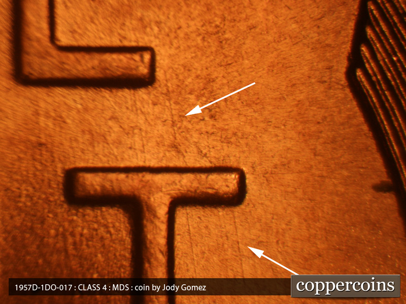 Die-stage B marker on 1957D•1DO•017 (1957 Doubled Die Obverse).