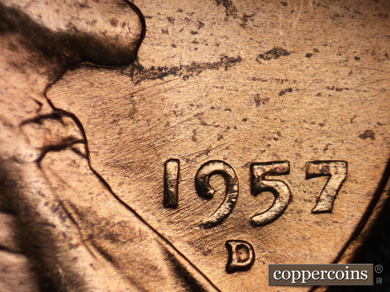Die-stage B marker on 1957D•1DO•018 (1957 Doubled Die Obverse).