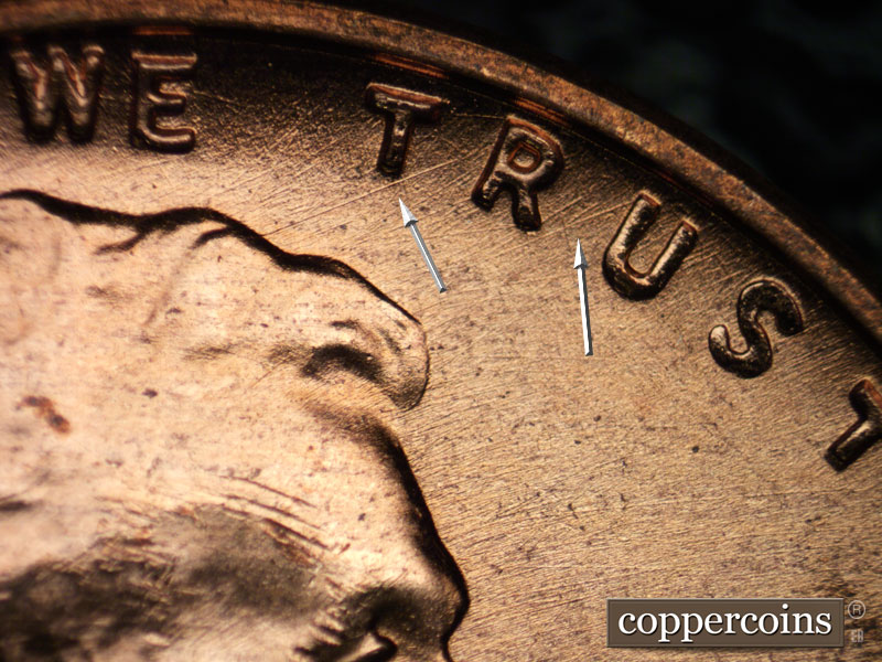 Die-stage B marker on 1957D•1DO•018 (1957 Doubled Die Obverse).
