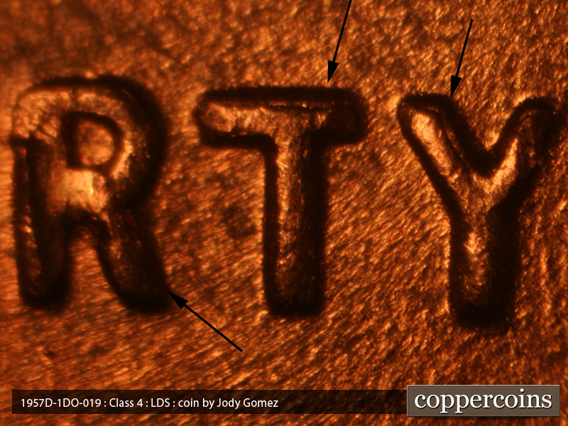 Die-stage C marker on 1957D•1DO•019 (1957 Doubled Die Obverse).