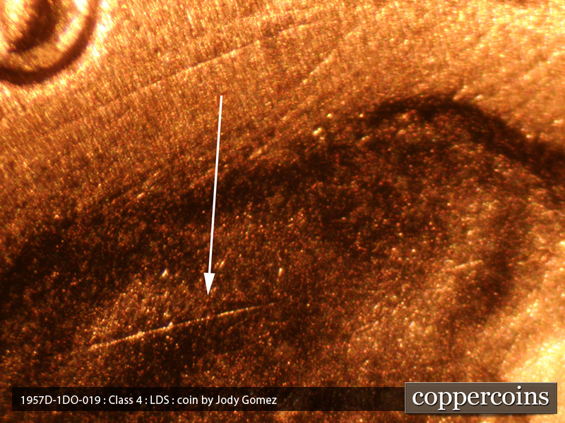 Die-stage C marker on 1957D•1DO•019 (1957 Doubled Die Obverse).