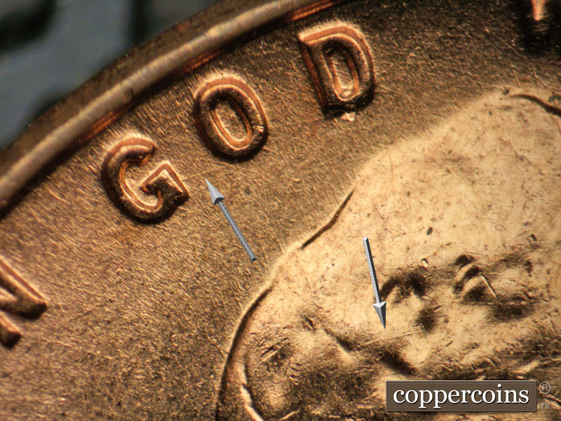 Die-stage B marker on 1957D•1DO•022 (1957 Doubled Die Obverse).