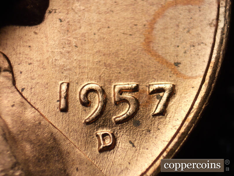 Die-stage B marker on 1957D•1DO•023 (1957 Doubled Die Obverse).