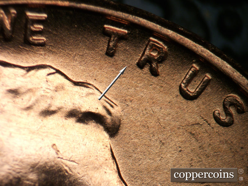 Die-stage B marker on 1957D•1DO•024 (1957 Doubled Die Obverse).