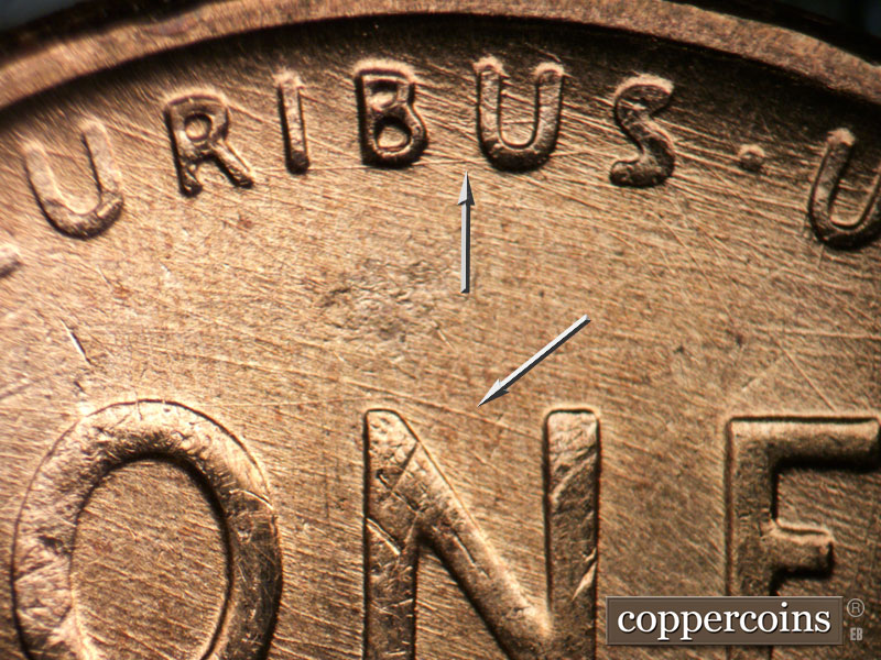Die-stage B marker on 1957D•1DO•024 (1957 Doubled Die Obverse).