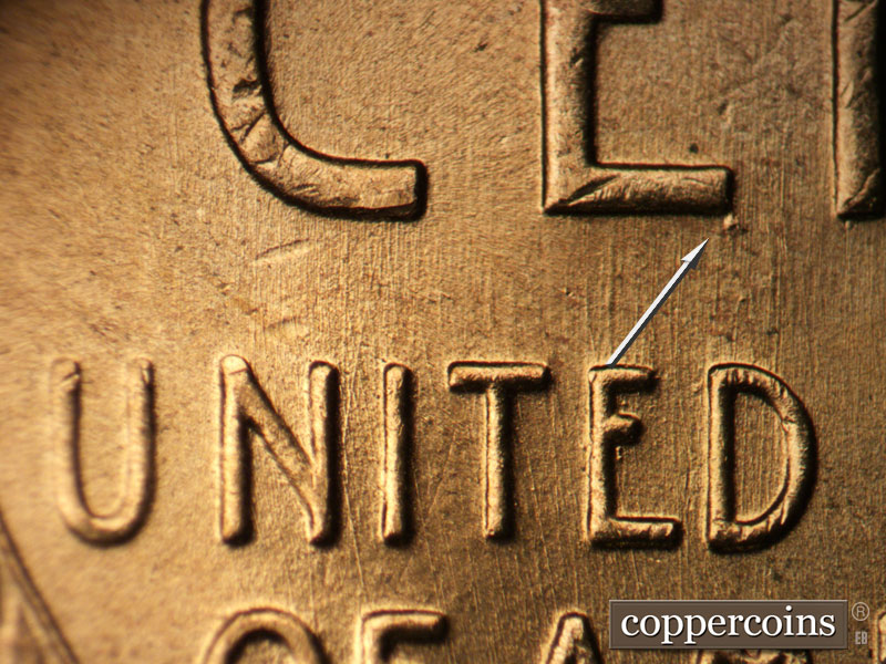 Die-stage B marker on 1957D•1DO•025 (1957 Doubled Die Obverse).