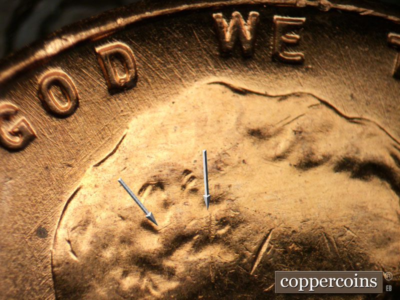 Die-stage B marker on 1957D•1DO•026 (1957 Doubled Die Obverse).