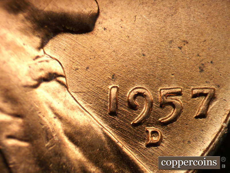 Die-stage B marker on 1957D•1DO•027 (1957 Doubled Die Obverse).