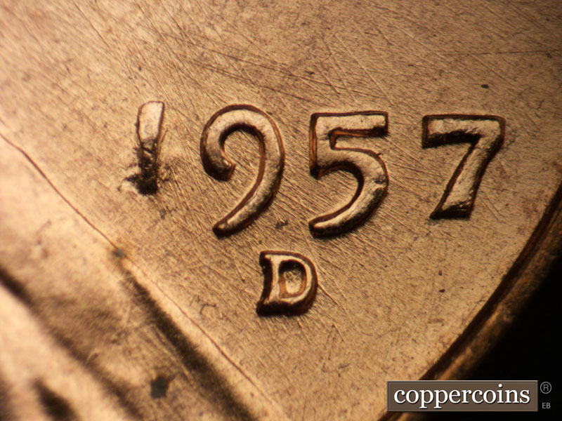 Die-stage B marker on 1957D•1DO•028 (1957 Doubled Die Obverse).