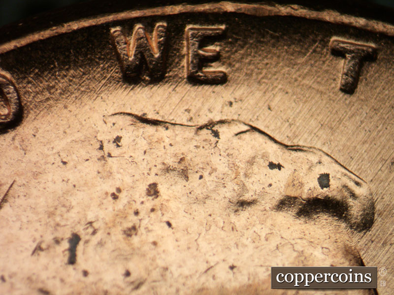 Die-stage B marker on 1957D•1DO•029 (1957 Doubled Die Obverse).