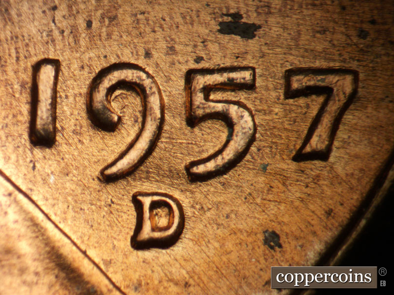 Die-stage B marker on 1957D•1DO•030 (1957 Doubled Die Obverse).