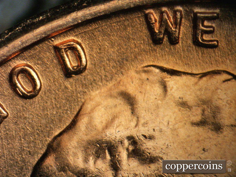 Die-stage B marker on 1957D•1DO•031 (1957 Doubled Die Obverse).