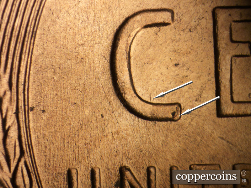 Die-stage B marker on 1957D•1DO•031 (1957 Doubled Die Obverse).